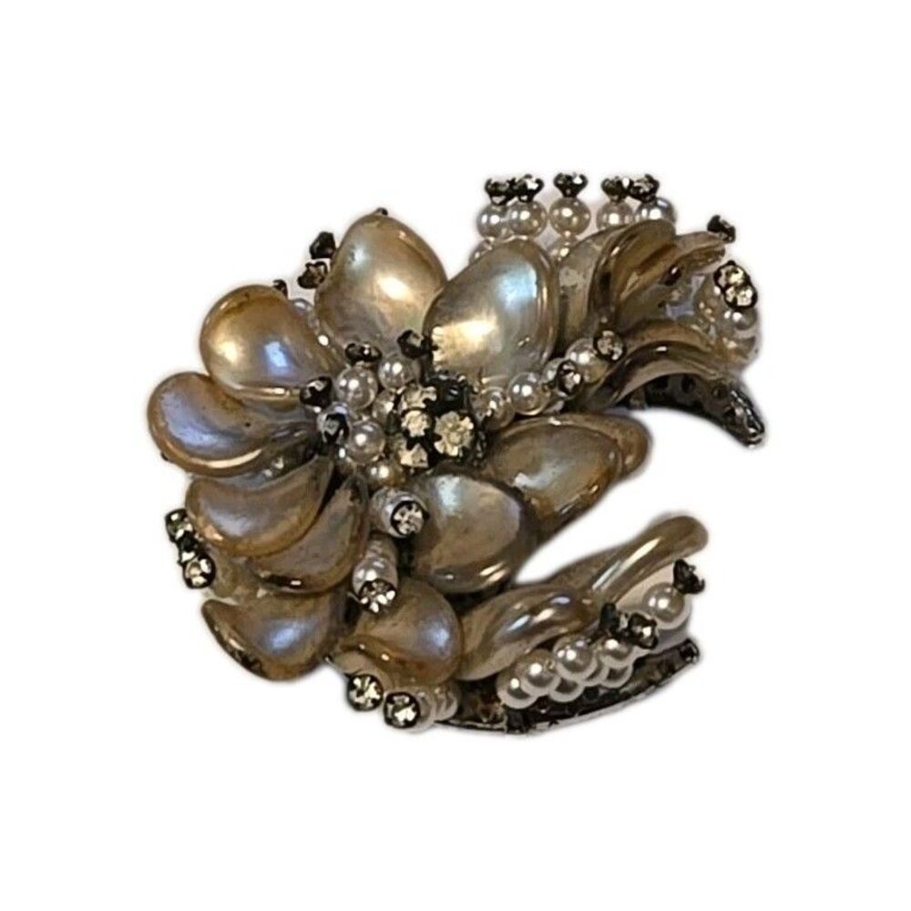 Vintage Signed Hobe Pin Brooch Rhinestone Faux Pearl Petal Cascade Floral Estate